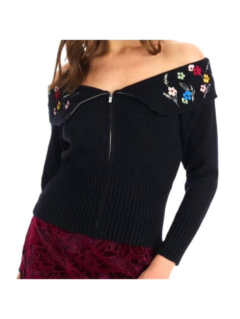 Allison New York Avanlee Sweater in Black w/ Flowers Size Small New